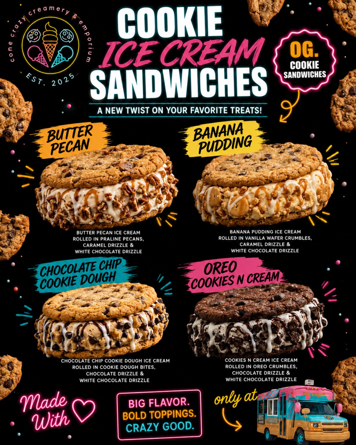 Cone Crazy cookie ice cream sandwich artwork showing four flavors